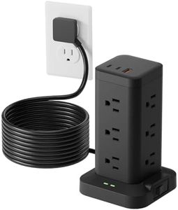Tagzilo Power Strip Tower with Surge Protector 1800J, Fast Charging Tower PD20W USB-C Ports with 12 AC Outlets, Extension Cord for Home Office Dorm Room, 15ft, Black