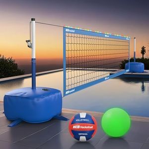 Haokelball LED Light-Up Pool Volleyball Net Set, 15–32FT Adjustable Width & Height for Inground & Above Ground Pools, 45LB Heavy Duty Base, 2 Water Balls (1 Glow), Backyard Outdoor Party Game