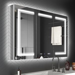 ExBrite 48 x 32 Lighted Medicine Cabinet with Mirror, Front&Backlit led Medicine Cabinet,Clock Temp Display,Defog,10x Magnifier,3 Colors Temper Dimmable,Surface or Recessed Mount,Door Wide Open