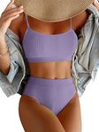 JJAI Womens High Waisted Bikini Set Ribbed Two Piece Bathing Suits Swimsuit Spaghetti Strap Swimwear Purple