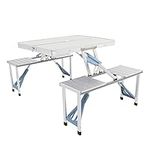 IBEQUEM Aluminum Foldable Table, Camping Picnic Folding Table with 4 Seats, Portable Lightweight Height Adjustable Camping Suitcase Table with Bench for Indoor Outdoor Travel, Camping Party BBQ