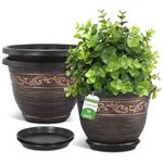 Plastic-Plant-Flower-Planters-16 Inch with Drainage Hole & Saucer, 3 Packs Lightweight Small Resin Flower Pot Indoor Outdoor, Retro Antique Imitation Decorative Garden Containers Sets for Houseplants