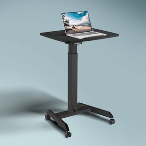 JIN OFFICE Ergonomic Height Adjustable Laptop Desk| 1 Year Warranty| Sit Stand Table with Lockable Wheels| Standing Desk for Home Office| Thick Column and Wide Steel Base| Spacious MDF top| Black