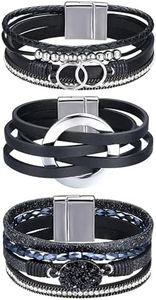 MILACOLATO 3 Piezas Pulseras Envolventes de Cuero para Mujeres, Hombres Pulseras Envolventes Boho Brazalete de Cuero, Pulseras de Cuentas Pulseras Apilables del Oeste (Negro)