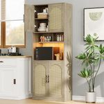 Kitchen Pantry Cabinet with RGB Light, Tall Kitchen Hutch Bar Cabinet with Microwave Stand, Farmhouse Large Wood Storage Cabinet with Barn Doors & 2 Open Shelves, Cupboard for Dining Room, Oak