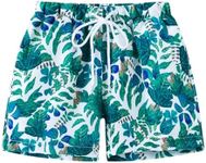 NautySaurs Boys Swimming Trunks Toddler Children Beach Shorts Thin Swimsuit Hawaii Board Shorts for Big Kids (Green Leaves, 8-9 Years)