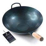 Mammafong Traditionally Hand Hammered Pre Seasoned Flat Bottom 14 Inch Blue Carbon Steel Chinese Pow Wok