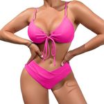 meioro Bikini Set for Women Front Tie Triangle Bathing Suits, Solid V Neck Two Piece Swimsuits High Waisted V Cut Bottom, Adjustable Spaghetti Straps Swimwear High Cut Swimming Costume (Hot Pink,M)