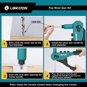 Libraton Heavy Duty Rivet Gun Set – 120 Blind Rivets, 4 Drill Bits, Interchangeable Heads