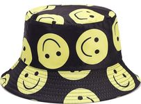 IHAUIUE Smiley Face Print Bucket Hat Cute Happy Fishing Cap Reversible Packable Beach Sun Hats for Women, Men, Black