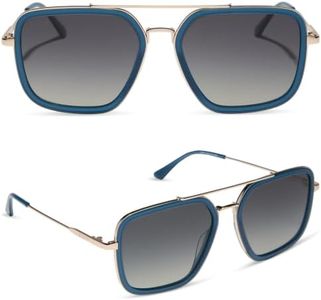 DIFF Jordan Designer Oversized Navigator Sunglasses for Women | UV400 Polarized Protection | Clubhouse Blue + Gold + Grey Gradient