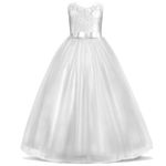 M MUNCASO Prom Dresses for Kids,Flower Girls Floral Lace Sleeveless Floor Length Wedding Formal Dress,Bow Tie Lace Girls Princess Dress,First Communion Pageant Dresses Wedding Flower Dress White