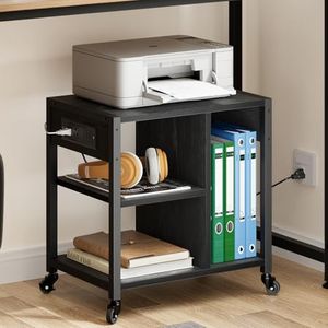 IDEALHOUSE Under Desk Printer Stand with Power Outlets and USB Charging Ports, Desktop Printer Table with Storage Shelf, 4 Tier Mobile Printer Stand with Wheels for Home Office, Rustic Black