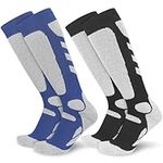 KOOOGEAR Ski Socks for Men's Size 9-12，Knee High Snow Thickened Warm Hiking Sports skiing Socks 2 Pairs（Black + Blue）