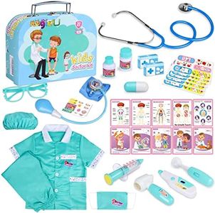 Magic4U Kids Doctor Costume Kit with Real Working Stethoscope and Carry Case, 34 Pieces Pretend-n-Play Realistic Medical Dr Toys Set for Toddler Boys Girls (Green, 5-7yrs) RH-006