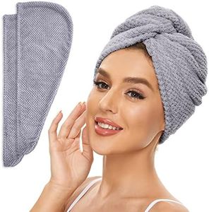 Microfiber Hair Towel for All Hair Style, 2 Pack Quick Drying Hair Turban - Perfect for Women, Men and Kids (Grey)