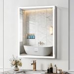 ACEMIRO Lighted Medicine Cabinet, 24×32 Inch Surface or Recessed LED Medicine Cabinet with Mirror, Defogger, Dimmer, Clock&Temp, Bathroom Mirror Cabinet with 3 Color Lights, Outlet&USB, Door Left Open