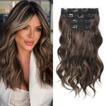 REECHO Hair Extensions, 4PCS Clip in Hair Extensions 14" Short Beach Wavy Hair Extensions Invisible Lace Weft Natural Soft Hairpieces for Women – Dark Brown with Highlights