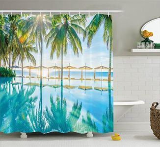 Ambesonne Landscape Shower Curtain, Pool by The Beach with Seasonal Eden Hot Sunny Humid Coastal Bay Photography, Fabric Bathroom Decor Set with Hooks, 70 inches, Green Blue