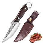 Fubinaty Small Chef Knife 4 Inch Meat Knife Handmade Forged Full Tang High Carbon Steel Kitchen Cook Knives with Wood Handle and Leather Sheath for Home, Camping, BBQ