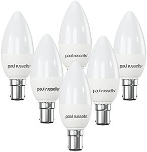 paul russells 6.5W LED Candle Light Small Bayonet Cap B15D, 60w Bulb, 806LM LED Bulbs, 3000K Warm White Lamps, Frosted C35 SBC Energy Saving Chandelier Lightbulbs, Pack of 6