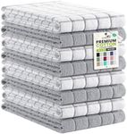 Kitinjoy Premium Kitchen Towels (16"x 28", 8 Pack), Large 100% Cotton Terry 390 GSM Kitchen Hand Towels, Ultra Absorbent Check Design Tea Towels Set with Hanging Loop, Light Grey