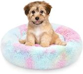 USOR Calming Cat Beds & Dog Bed, Anti-Anxiety Donut Dog Cuddler Bed, Large Cat Bed or Small Dog Bed, Disassemble and Washable 50cm Warming Cozy Soft & Fluffy Faux Fur Plush Dog Cat Cushion Bed Rainbow