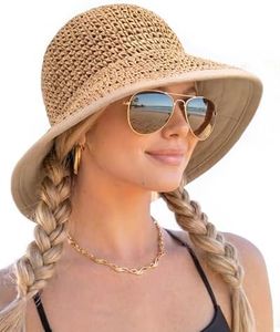 FURTALK Summer Straw Beach Sun Hats for Women Wide Brim Packable Bucket Hat