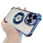 Eiyikof for iPhone 14 Pro Magnetic Transparent Case,Luxury Bling Four Corners Shockproof Military-Grade Protection with Camera Lens Protector MagSafe Clear Plating Cover for Women Men-Blue