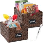 Best Choice Products Pantry Baskets Set of 2 16x12in Water Hyacinth Storage Baskets, Woven Wicker Kitchen Organizers with handles w/Chalkboard Label Chalk Marker - Brown