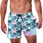 Cozople Men's Swim Shorts Palm Tree Flamingo Printed Swim Trunks with Compression Liner Hawaiian Graphic Design Quick Dry Bathing Suits with Phone Pocket XL