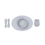 ezpz First Foods Set (Pewter) - 100% Silicone Spoons, Cup + Suctioning Bowl for Infants - Dishwasher Safe