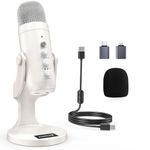 zealsound USB Microphone, k66 Pearly White Podcast Mic for PC iPhone Mac PS4&5 Android, with Mute/Noise Reducing/Echo/Gain, Plug & Play for Recording, Streaming, Vocal, Gaming, ASMR, YouTuber, Twitch