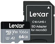 Lexar Professional 1066x 64GB microSDXC UHS-I Card w/ SD Adapter, C10, U3, V30, A2, Full HD, 4K UHD, Up To 160MB/s Read, for Action Cameras, Drones, High-End Smartphones, Tablets (LMS1066064G-BNANU)