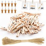 100Pcs Wooden Pegs, Clothes Pegs for Washing Line Small Pegs Wood Craft Clips with 10 Thumbtacks and 10m Twine for Hanging Photos, Arts and Craft （3.5×0.7cm / 1.4×0.3inch）