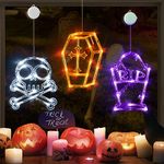 LOLStar Halloween Lights, 3 Pack Halloween Decorations White Skull, Orange Coffin, Purple Tombstone, Halloween Window Lights with Suction Cup Battery Operated, 2024 Upgrade Slow Fade Mode and Timer