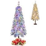 Goplus 6 FT Pre-Lit Snow Flocked Pencil Christmas Tree, Artificial Hinged Slim Xmas Tree with 458 Branch Tips, Warm-White & Multi-Color LED Lights, 11 Light Modes, for Holiday Office Home Party Decor