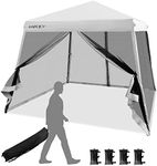 Tangkula 10x10 Ft Pop Up Canopy with Netting, Slanted Leg Outdoor Canopy with Roller Bag, 4 Sand Bags, 8 Stakes, 4 Ropes, Instant Canopy Tent with Easy Set-up Center Lock for Patio (White)