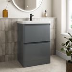 Affine® 600mm Vanity Unit Wash Basin Sink Bathroom Floor Standing Storage Cabinet Cupboard Cloakroom, Soft Close Drawers, Grey Gloss