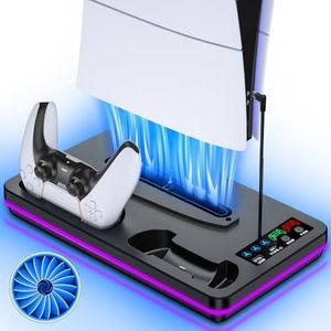 PS5/PS5 Slim Stand and Cooling Station with Controller Charging Station for PlayStation 5 Slim&Standard Disc/Digital Console,10 RGB Light PS5 Cooler Accessories Incl 3 Levels Cooling Fan, Black