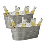 Ice Bucket Galvanized Tub, 2 Pcs 3 Gallon Oval Beverage Tub, Drink Buckets for Parties, Metal Bucket with Rattan Handle for Beer Whiskey Wine and Cocktails (Galvanized)