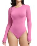 YIANNA Bodysuit for Women Long Sleeve Slimfit High Stretch Soft Leotard Thong Body Suits Crew Neck Top Pink S 5275