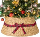 StorageWorks 24" Red Bow Tie Christmas Tree Collar, Wicker Christmas Tree Base Skirt with Water Hyacinth, Rustic Tree Ring Stand Cover for Christmas Home Party Farmhouse Artificial Trees Décor