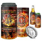 winorax Firefighter Tumbler 4-in-1 Can Cooler Stainless Steel Insulated 16oz American Flag Tumblers Coffee Travel Mug Cups With Lid Fireman Firefighter Gift For Men Fire Fighter Grandpa Dad Husband