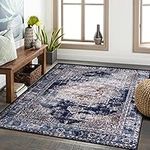 Calore Vintage Boho Area Rug Retro Abstract Rug Traditional Floor Cover Indoor Distressed Non Slip Carpet Floral Print Mat Living Room Bedroom Kitchen (Retro/Navy Blue, 6.5'x8.2')