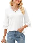 TFSDOD Womens V Neck 3/4 Bell Sleeve Tops Frill Neck Tiered Ruffle Sleeve Shirts Casual Spring Summer Loose Tunic Blouses, White, Small