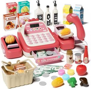 STACTCUTE 49PCS Pretend Play Cash Register Toy Set with Real Calculator, Scanner, Microphone, Conveyor Belt, Weighing Tool, Cashier Playset for Toddler Kids Ages 3-8 (Pink)