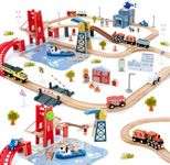 Giant bean 117 Pcs Busy Port City Train Set for Kids- Expandable & Changeable Wooden Train Tracks Set Toddler Toy, Gift for Boys and Girls Ages 3+, Fits for Thomas The Train, Brio, Melissa & Doug