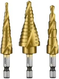 NEIKO 10181A Step Drill Bit Set, 3 Piece, Spiral Grooved for Faster Drilling, Step Bits for Stainless Steel, Metal, Wood, Plastic, Unibit Cone Drill Bits with 31 Step Sizes Total