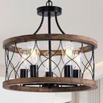 18'' Farmhouse Chandelier 5-Light, Rustic Solid Wood Chandelier with Retro Linear Frame Adjustable Ceiling Pendant Light Fixtures for Dining Room,Kitchen, Entryway, Living Room